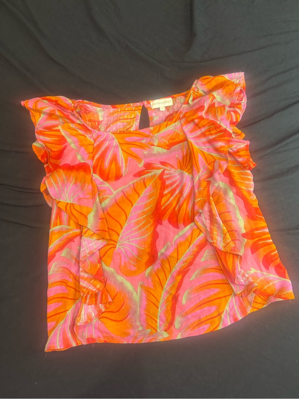 Cynthia Rowley Brand Pink & Orange Ruffle Sleeve Tropical Print Women's Top
